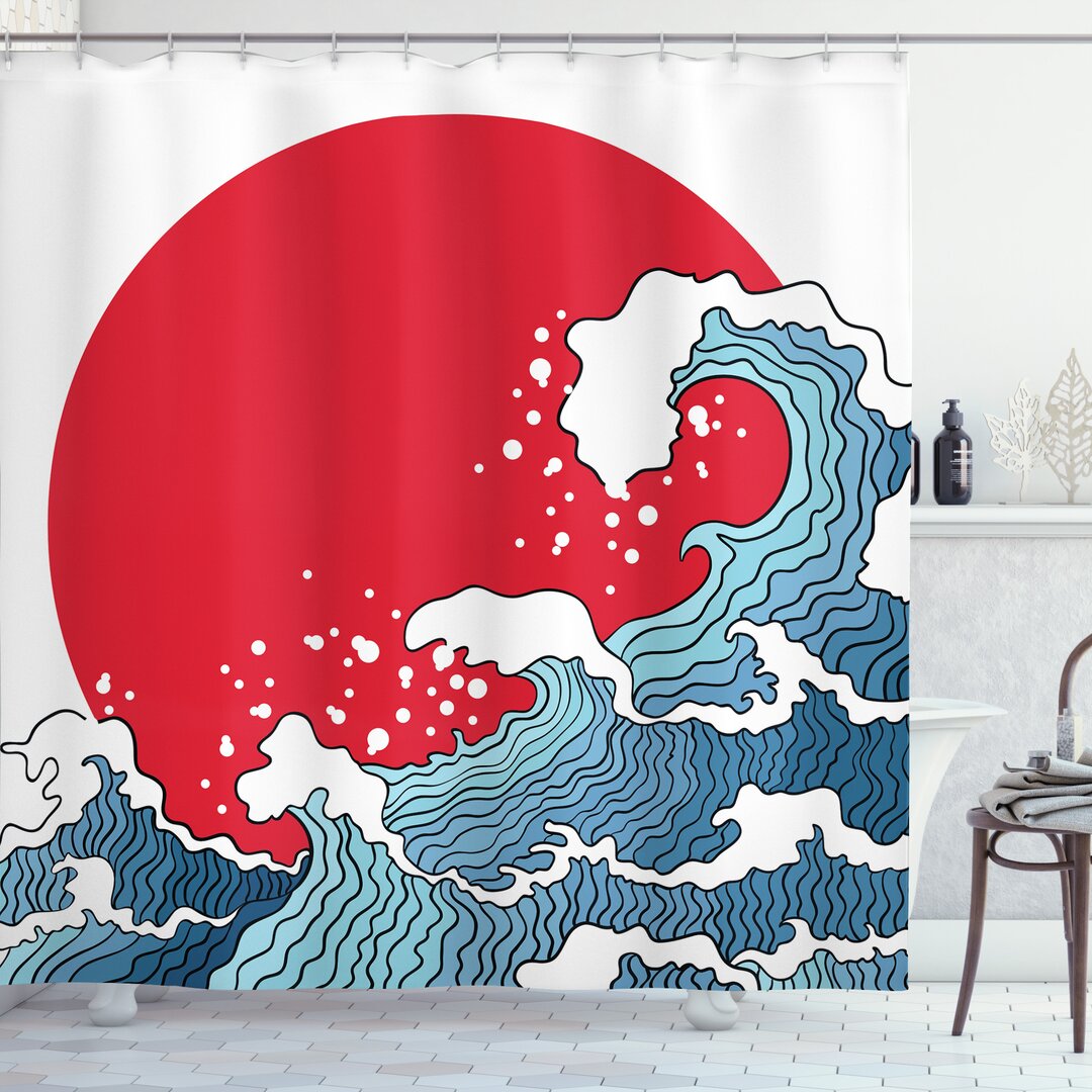 Duschvorhang, Red Sun Tsunami, japanische Welle, Rot Blau Weiß