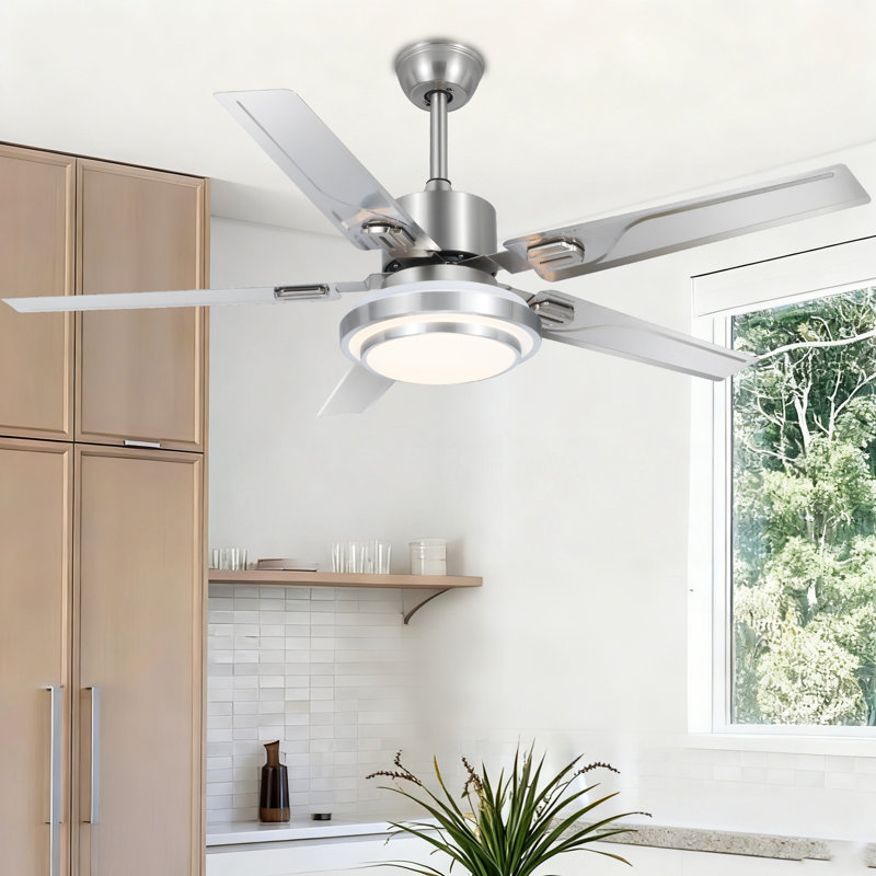 5-Blade Stainless Steel Ceiling Fan with Light, Remote Control, Quiet High Airflow, 3-Color Dimmable LED