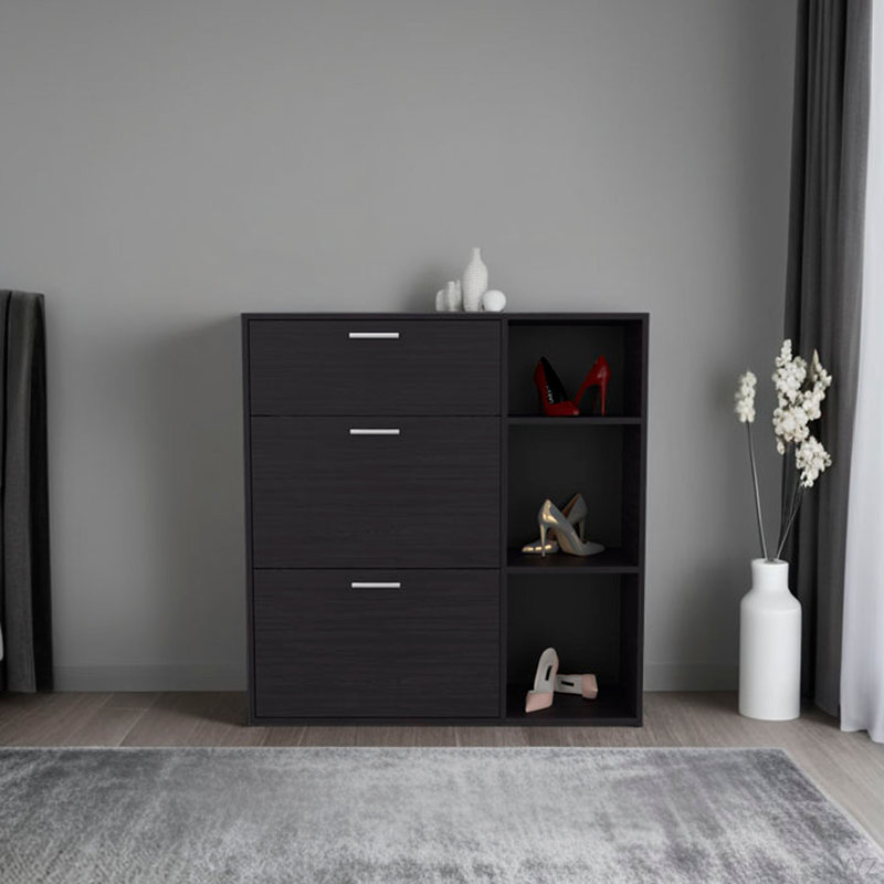 3-Door Shoe Rack With Interior Shelves And Side Shelves, One Drawer Storage Cabinet For Shoes And Accessories, Espresso