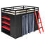 Lit mezzanine en bois pleine grandeur avec garde-robe, tablettes, rideaux occultants et lumières RVB, noir et rouge-305434559