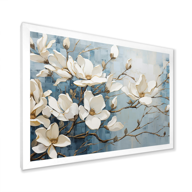 «Blue and Gold Painted Magnolias VI», art mural sur toile Magnolias, H 16 po x l 32 po, Cadre photo unique, Blanc