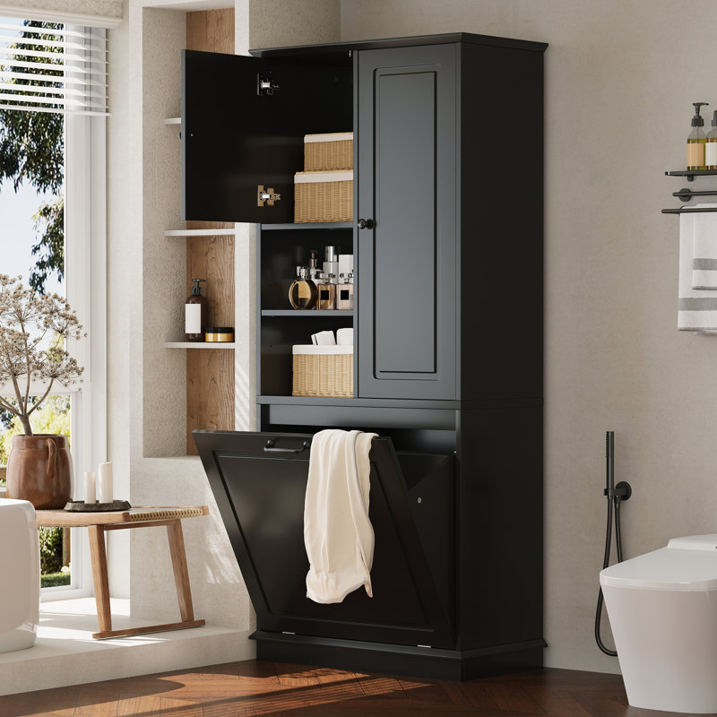 Black Tall Storage Cabinet With Adjustable Shelves, Large Flip-Out Basket & Enclosed Cabinets, Black