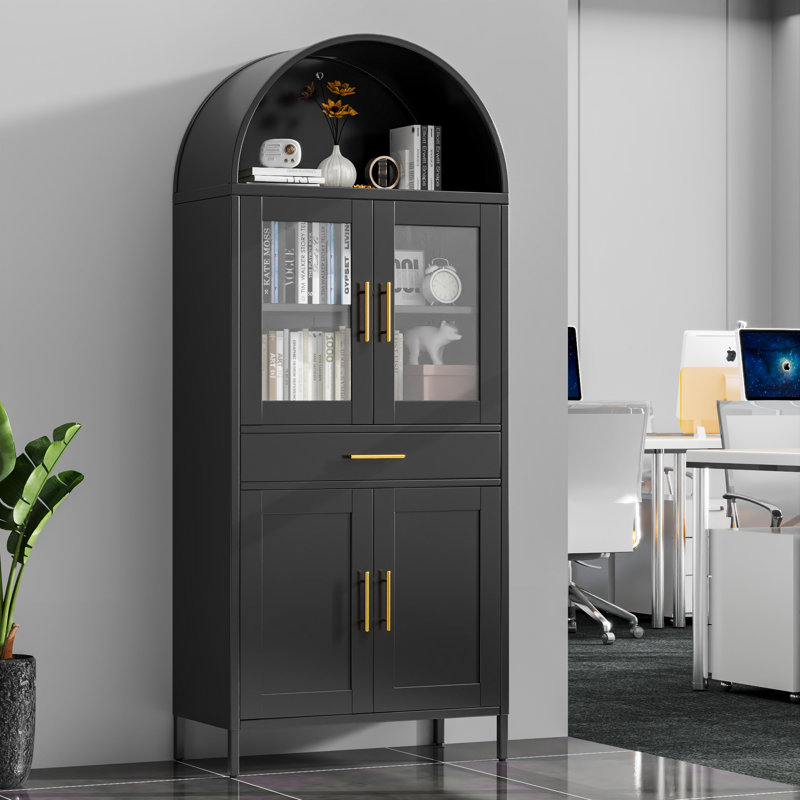30.7 In. W×72.8 In. H×15.4 In. D 2-shelf and 1-drawer Metal Display Cabinet,Modern Freestanding Arched Cabinet, Antique Cabinets,Porcelain Cabinets,Bookshelves,Assembly Required