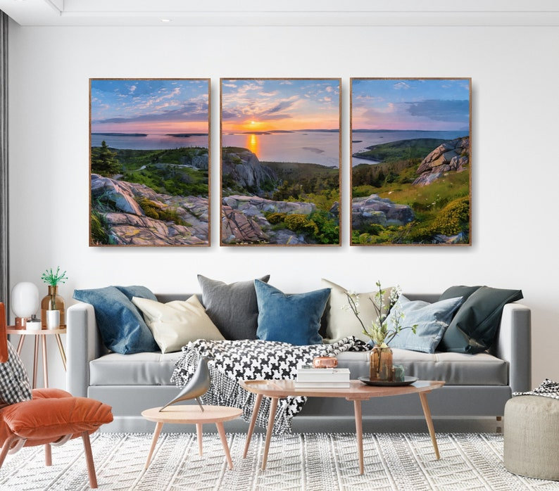 Coucher de soleil dans le parc national d'Acadie, ensemble de 3 affiches extra larges, montagnes, Toile tendue