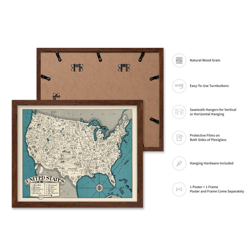 Carte illustrée des États-Unis, 16"H x 20"W, Poster, Encadrement brun
