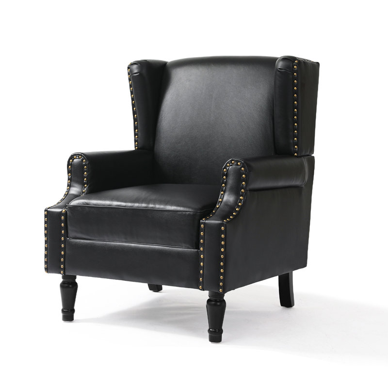 74 Cm Wide Wingback Armchair with Nailhead Trim, Black Faux Leather