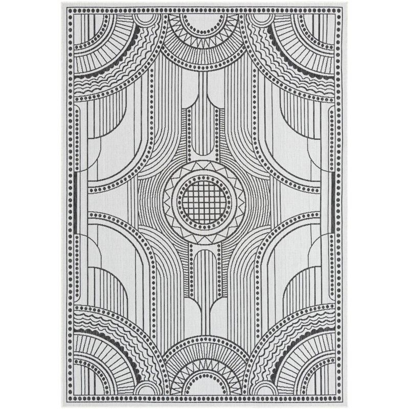Tapis contemporain blanc et noir Huitt, Rectangle 7 pi 1 po x 10 pi