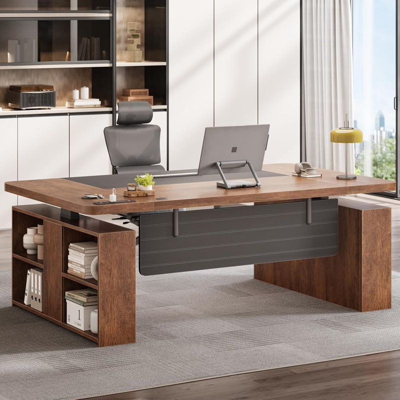 Bureau de direction de 63 po avec rangement, bureau de direction réglable en hauteur avec prises de courant