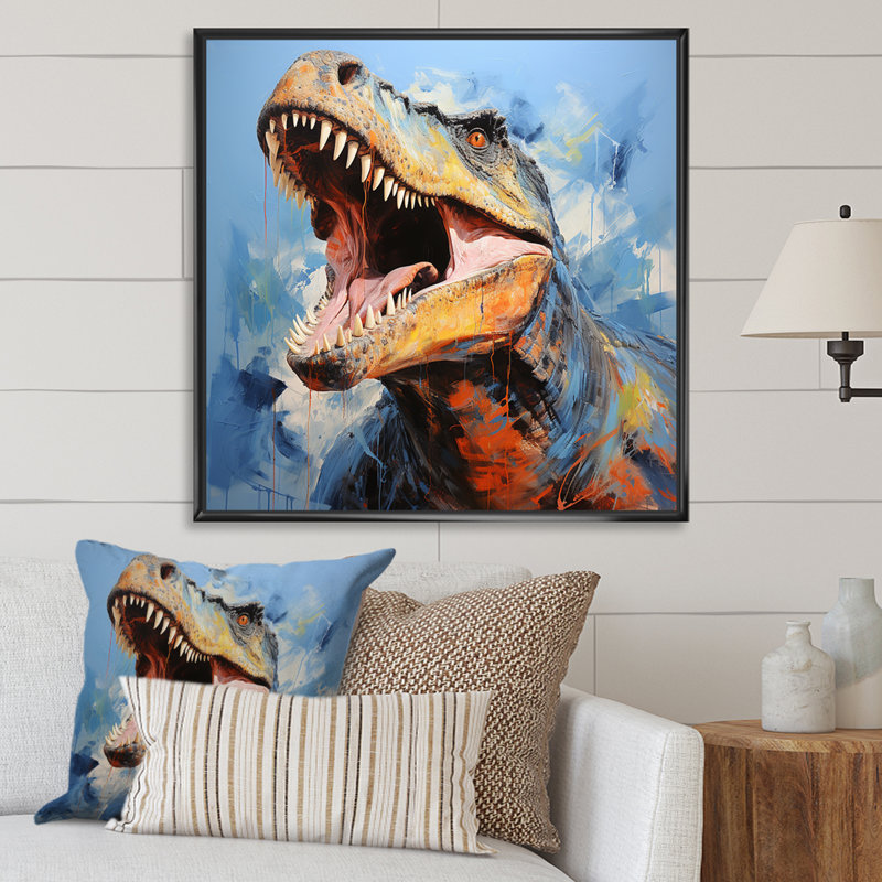 Chasseurs de dinosaures bleus - art de mur de dinosaure, Cadre flottant noir, H 36 po x l 36 po x P 1,5 po