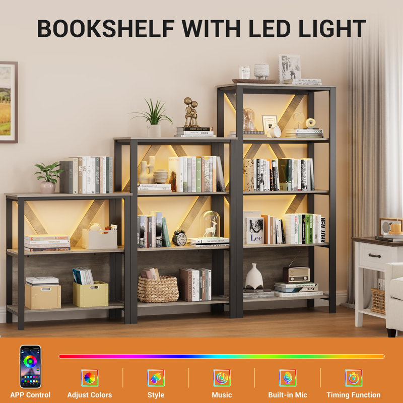 Bibliothèque avec lumières DEL, bibliothèque avec tablettes ouvertes, Gris, (3 tablettes) H 35,2 po x l 31,5 po x P 15,8 po