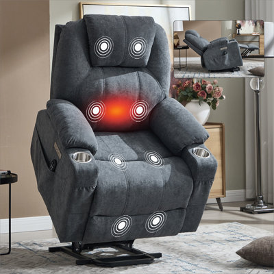Up To 350 LBS Polyester Power Lift Recliner Chair, Heavy Duty Motion Mechanism With 8-Point Vibration Massage And Lumbar Heating, USB And Type-C Ports, Stainless Steel Cup Holders, Grey