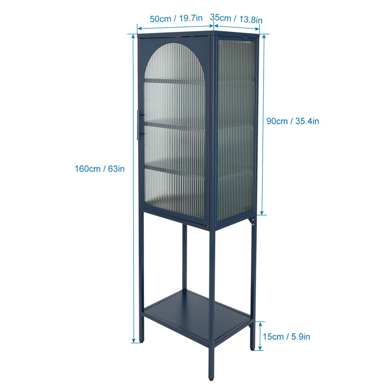 Armoire haute de 63 po Dramford, armoire haute en verre trempé avec portes et tablettes réglables arquées, armoire de rangement en verre cannelé sans poussière