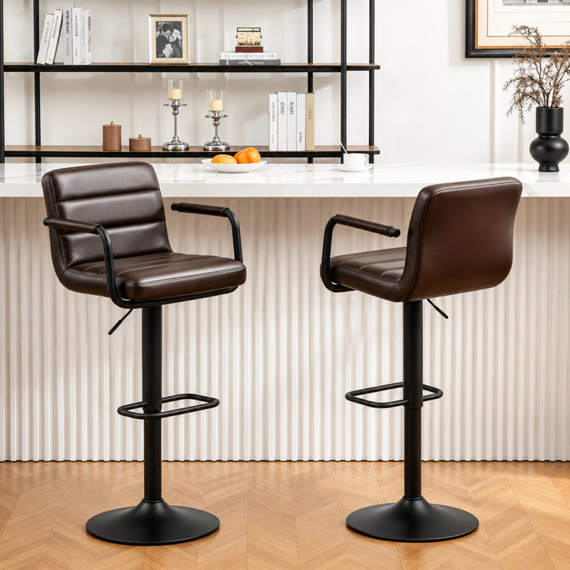  Modern Adjustable Swivel Bar Stools with High Back, Faux Leather Upholstered Counter Height Chairs (Set of 2), Black Brown