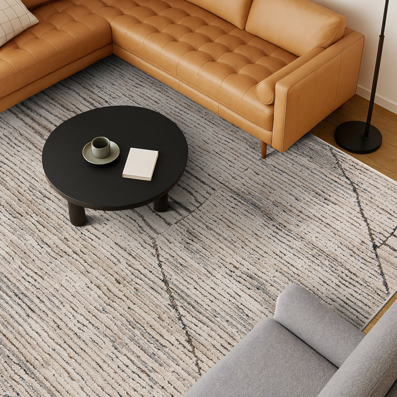 Abstract Block Linen Cream Indoor High-Low Area Rug, Rectangle 5' x 7'