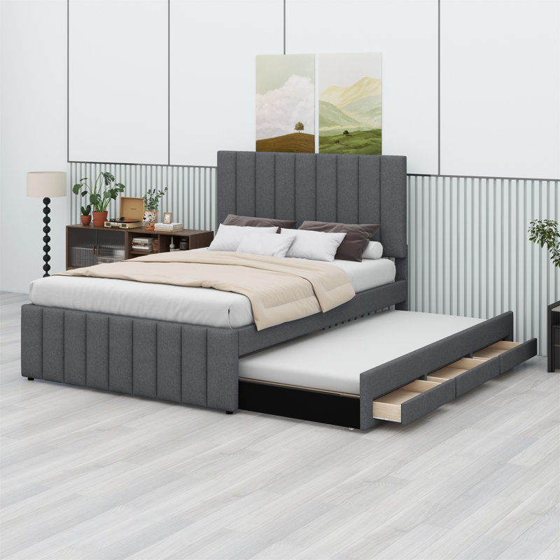Lit plateforme tapissier avec lit gigogne et 3 tiroirs, Gris