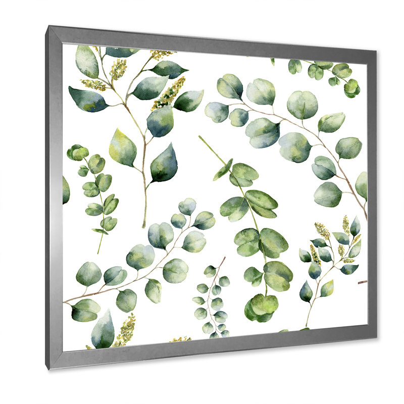 Branches d'eucalyptus sur fond blanc III - Peinture sur toile, H 31,5 po x l 31,5 po, Cadre argenté