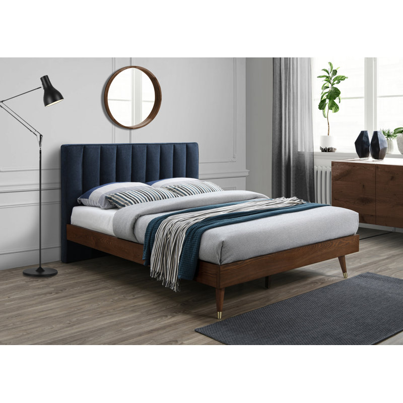 Lit plateforme tapissier Scholz, Grand lit, Tissu texturé en lin bleu marine