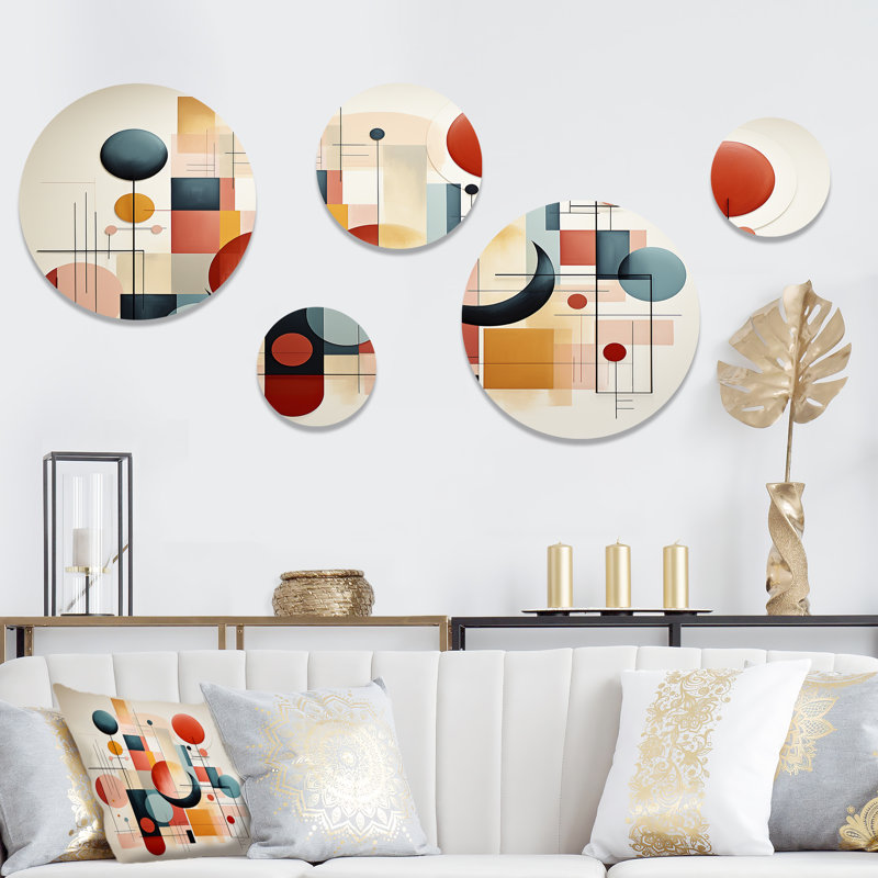 Ensemble de 5 reproductions d'art murales rondes Mid-Century