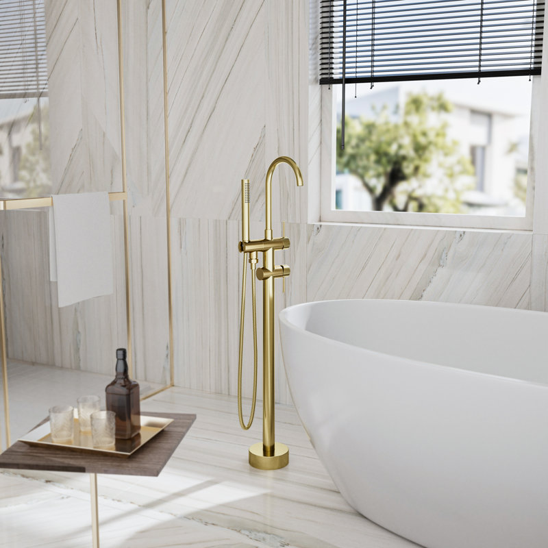 Robinet de baignoire autoportant en or brossé avec douche à main | Bec pivotant à 360 °, débit de 3,9 gal / min, acier inoxydable 304, certifié CUPC
