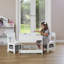 White Table and Two Chairs Set with Grey Storage Boxes