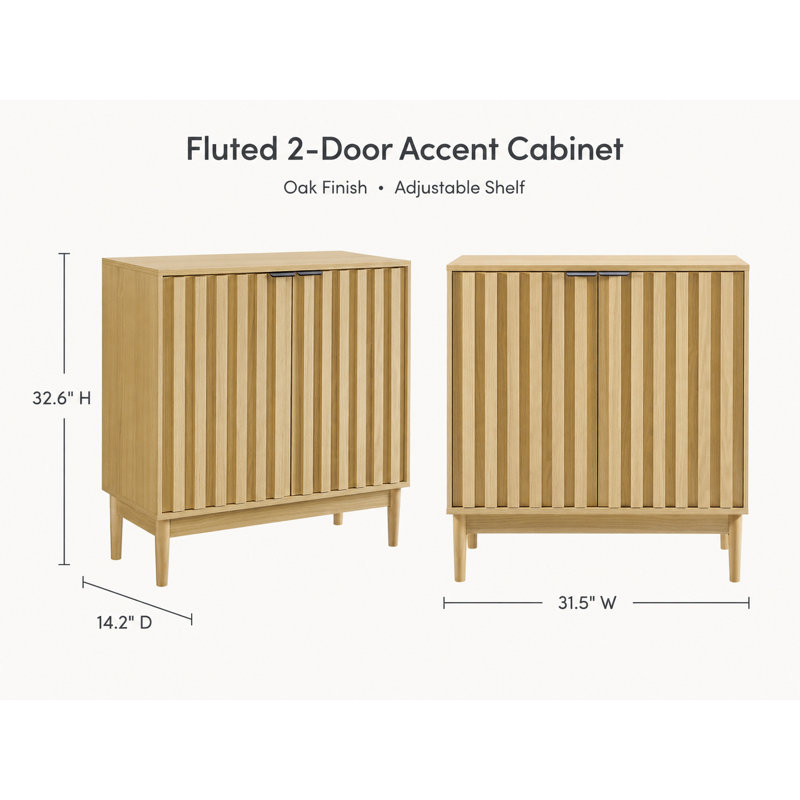 31.5" Fluted 2-Door Accent Storage Cabinet with Adjustable Shelf, Oak Finish, Oak Wood, Satin Black