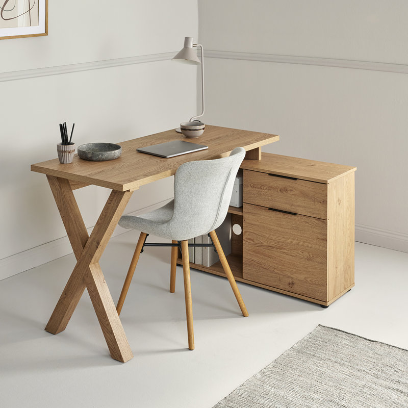 Geles 55.12'' W L-Shaped Writing Desk with Cabinet, Montana Oak