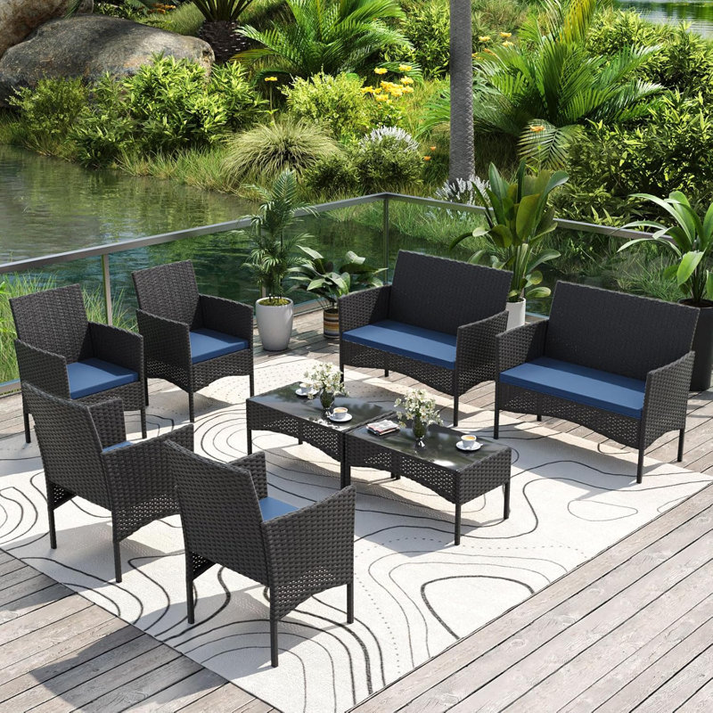 8-Piece Modular All-Weather Wicker Patio Conversation Set With Loveseats, Armchairs, And Tables, Navy