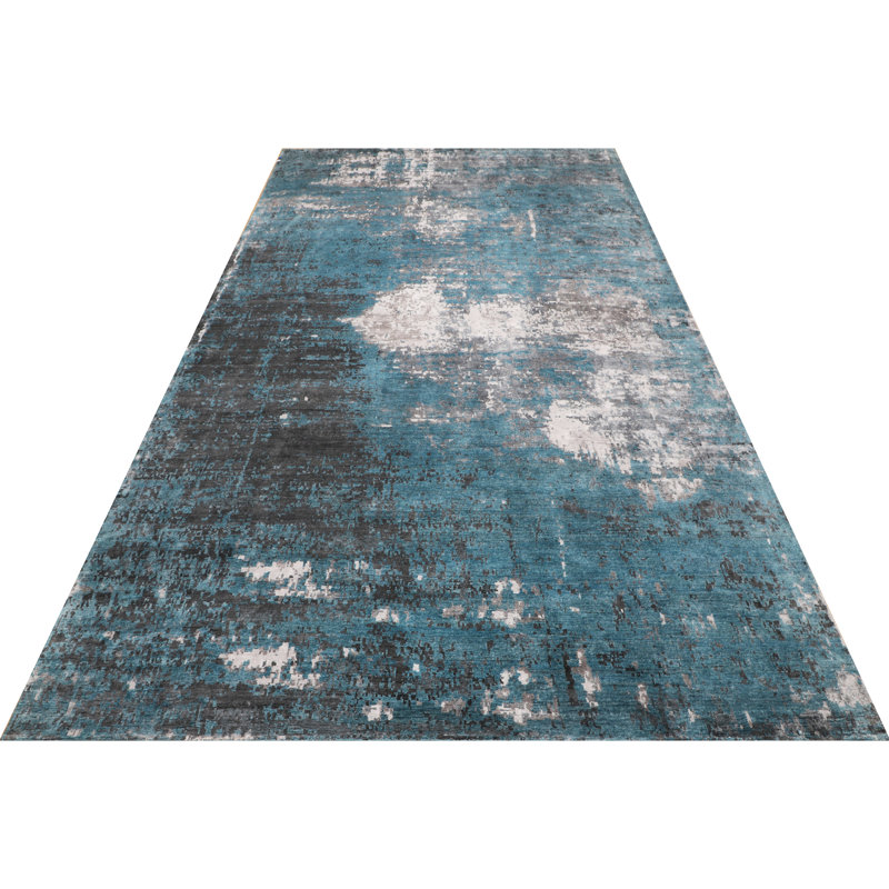 Abstract Area Rug in Turquoise/Gray/Ivory, Rectangle 6' x 9'