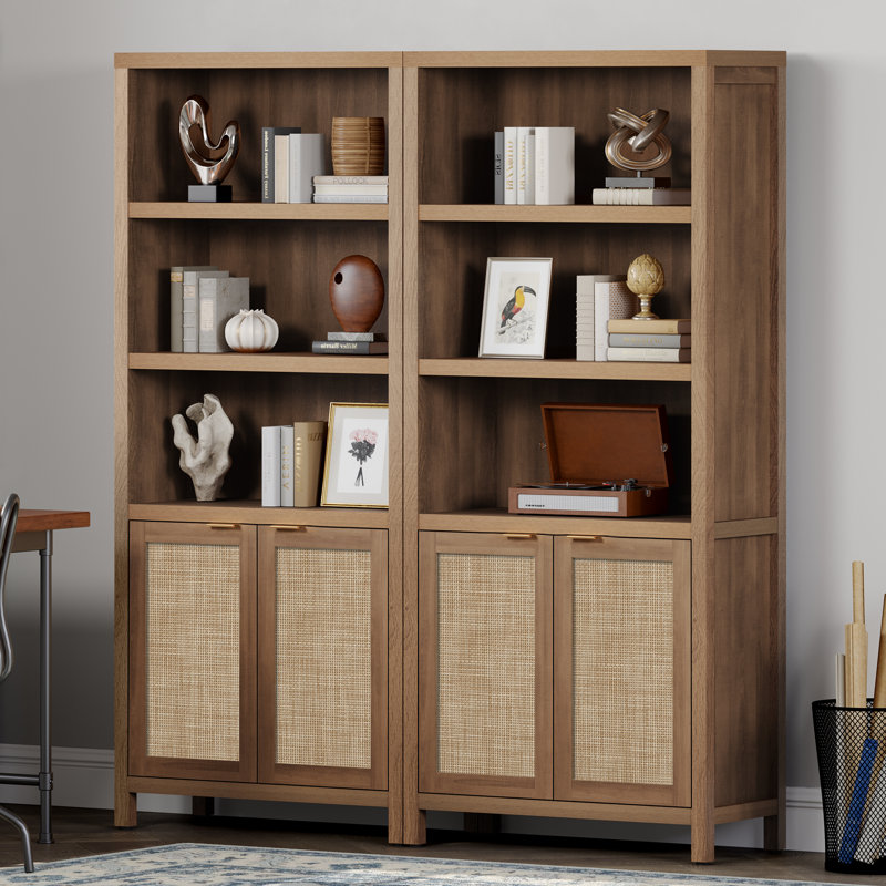 Marliee 70.9'' H Bohemian - Inspired Rattan Bookcase with Storage Cabinet and Adjustable Shelves, Brown, 2