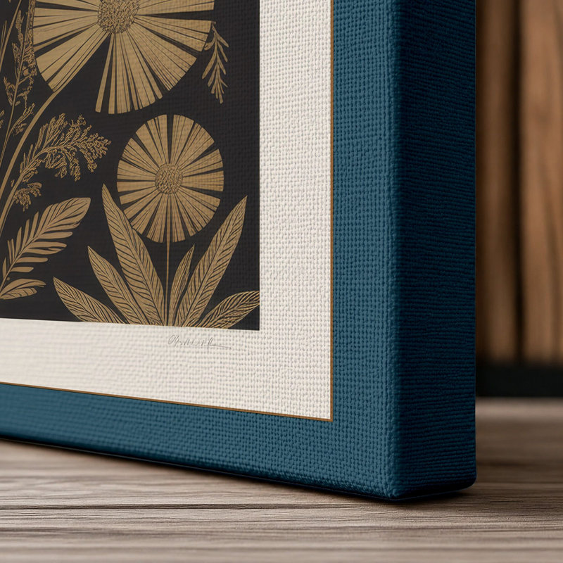 Golden Flower Study Botanical - Wrapped Canvas, 18x12 - 45.7 x 30.5 cm, Teal Border