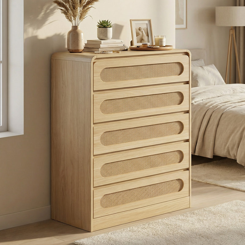 Commode 5 tiroirs en rotin, grande armoire de rangement étroite en bois pour la chambre à coucher et le salon