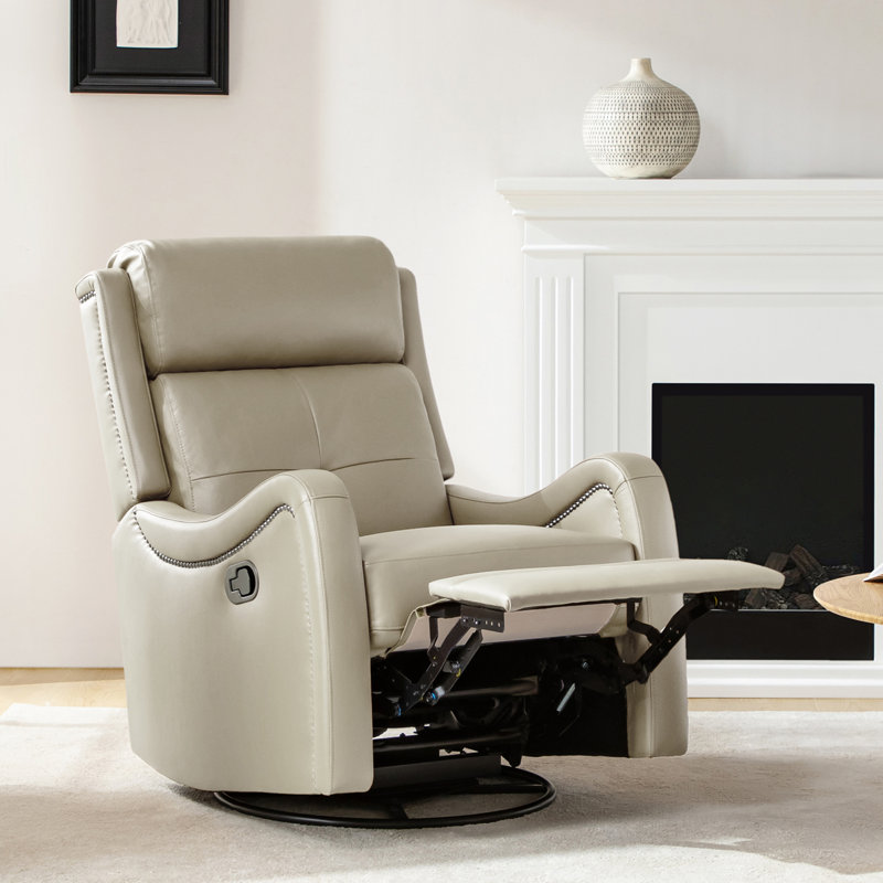 Amaty 28.3" Wide Genuine Leather Swivel Rocker Manual Standard Recliner, Beige