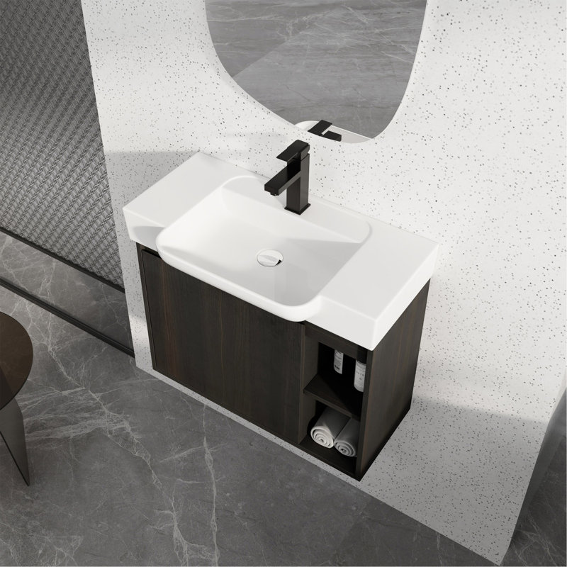 Meuble-lavabo mural 28 po avec lavabo en céramique blanche et porte à fermeture en douceur, emballage KD, chêne foncé