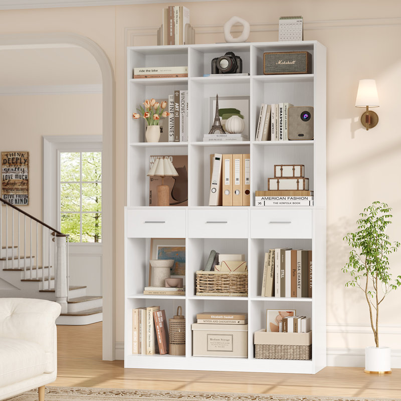 Bibliothèque de rangement en bois 75 "avec tablettes réglables, Blanc / argenté