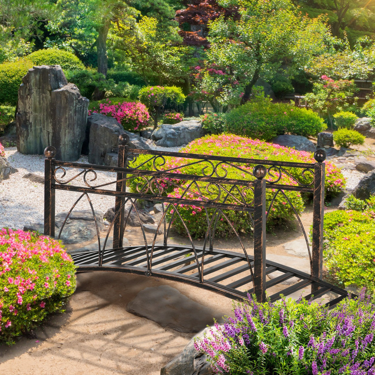 Outsunny 3.3FT Metal Arch Zen Garden Bridge with Safety Siderails, Decorative Footbridge, Delicate Floral Scrollwork for Stream, Fish Pond, Brown