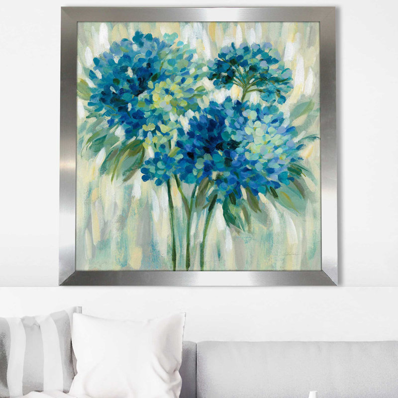 Éclat d'hortensias - Peinture, Encadrement argenté, H 25,5 po x l 25,5 po x P 1 po