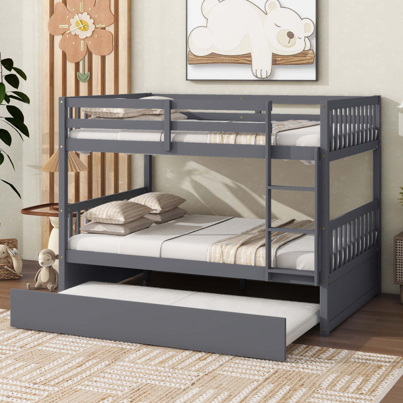 58" W Solid Wood Bunk Bed with Trundle and Convertible Design , Dark Gray