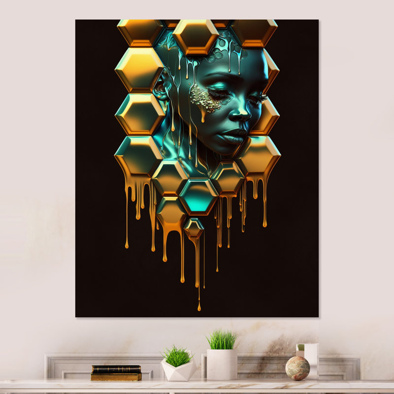 Hexagone avec visage de femme I - reproduction sur toile, H 32 po x l 16 po x P 1 po, Toile tendue