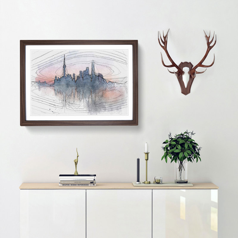 View of Shanghai in China in Abstract - Picture Frame Graphic Art Print, 50cm H x 76cm W x 2cm D, Walnut