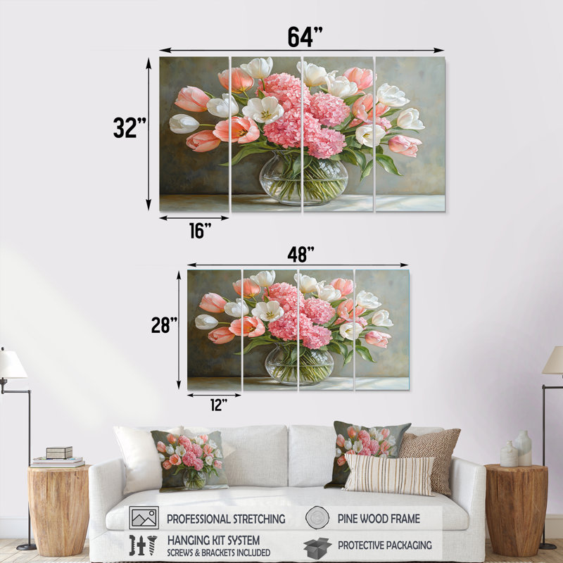 Hortensias roses et blancs et tulipes dans un vase - hydrangées - Art mural traditionnel, 4, H 28 po x l 48 po