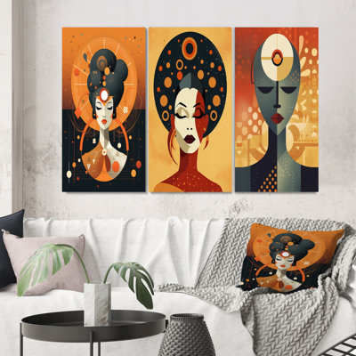 Graphic Portrait Of Contemporary Urban Woman II - Abstract Portraits Art Set Of 3 Pieces