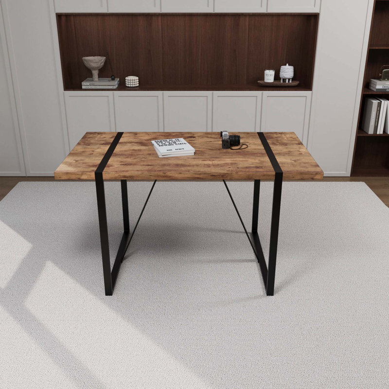 55 Inch Modern Rustic Industrial Dark Wood Tone MDF Dining Table, 1.5" Thick Tabletop & Black Rectangular Metal Legs, Home Kitchen Dinner Table For 4-6 People