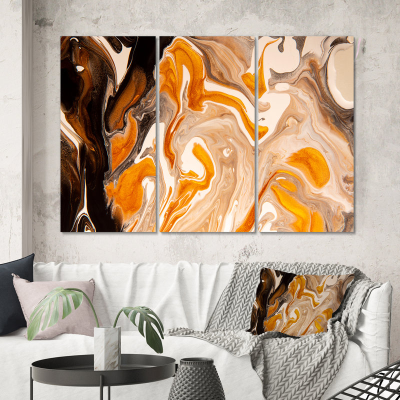 Brun, orange, blanc, marbre gris et art moderne, reproduction d'art sur toile, H 40 po x l 60 po x P 1 po