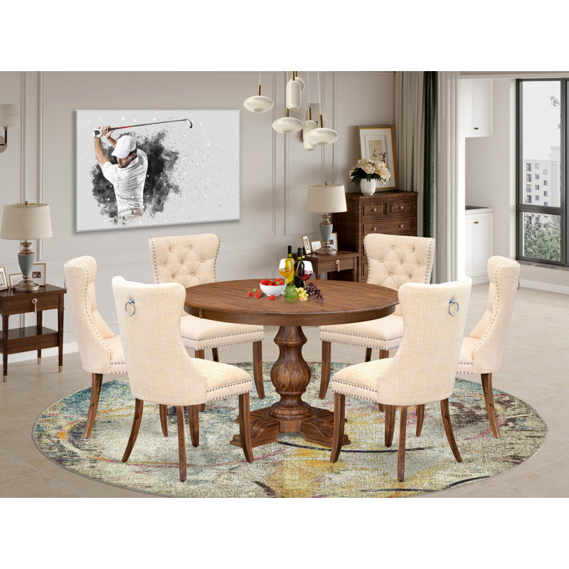 7-Piece Modern Dining Set with Polyester Fabric 6 Light Beige Kitchen chairs, Button-Tufted Backs, and a 48"Round Breakfast Table in Antique Walnut Finish.