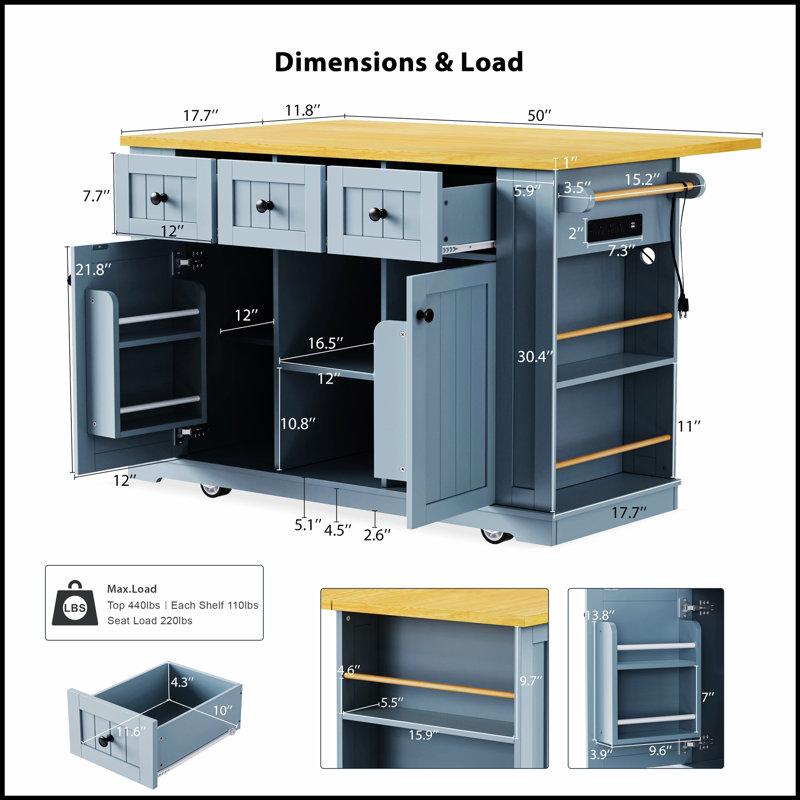 53 Inch Large Kitchen Island with Drop Leaf, Power Outlet, and Rolling Cart on 5 Wheels for Enhanced Storage and Mobility