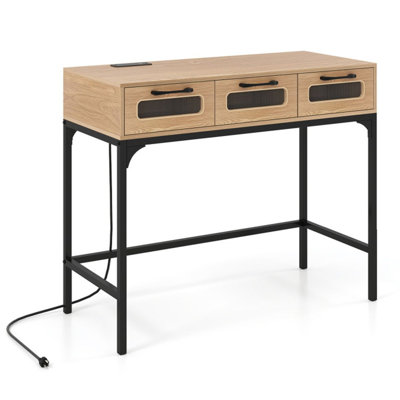 35.5" Narrow Console Table LED Lights Power Station 3-Drawer Entryway Charging Ports Modern