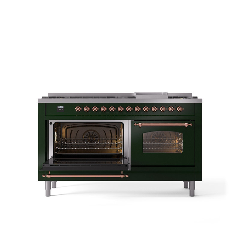 ILVE Nostalgie II 60 Dual Fuel Range, 9 Burners, Griddle, Emerald Green/Chrome, Natural Gas