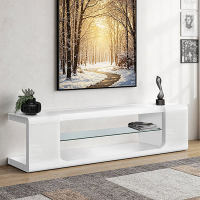 Elegant 60-Inch Glossy White TV Stand with Tempered Glass Shelves – Modern Media Console for Living Room or Bedroom