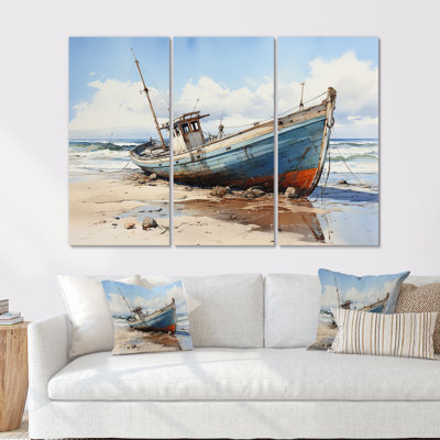 Bateau de pêche à la plage - ensemble de salon d'art mural bord de mer