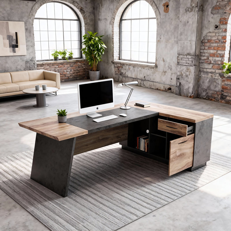 L-Shaped Executive Desk with Sliding Cabinet Doors, Power Outlet Panel and Front Apron, File Storage Shelves, Modern Large Computer Desk for Home Office